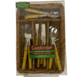 Cambridge Silversmiths Bamboo 16-Piece Stainless Steel Flatware Set & Wicker Sto